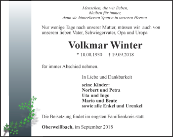 Traueranzeige von Volkmar Winter von Ostthüringer Zeitung