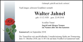 Traueranzeige von Walter Jahnel von Thüringer Allgemeine