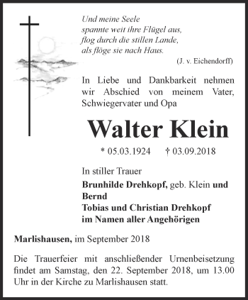 Traueranzeige von Walter Klein von Thüringer Allgemeine