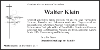 Traueranzeige von Walter Klein von Thüringer Allgemeine