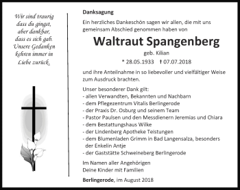 Traueranzeige von Waltraut Spangenberg von Thüringer Allgemeine