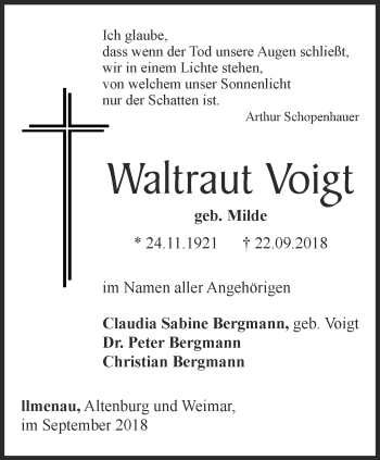 Traueranzeige von Waltraut Voigt von Thüringer Allgemeine
