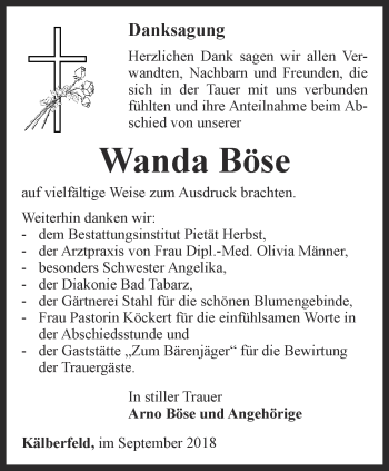 Traueranzeige von Wanda Böse von Thüringer Allgemeine, Thüringische Landeszeitung