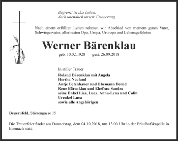 Traueranzeige von Werner Bärenklau von Thüringer Allgemeine, Thüringische Landeszeitung