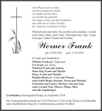 Traueranzeige von Werner Frank von Thüringer Allgemeine, Thüringische Landeszeitung