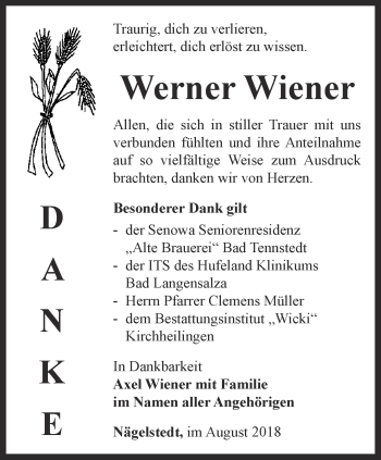 Traueranzeige von Werner Wiener von Thüringer Allgemeine, Thüringische Landeszeitung