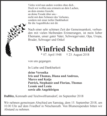 Traueranzeige von Winfried Schmidt von Ostthüringer Zeitung