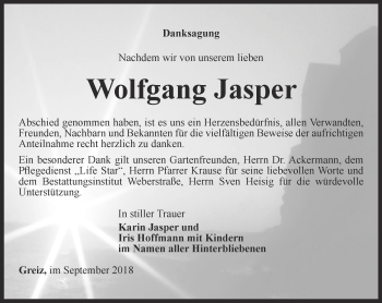 Traueranzeige von Wolfgang Jasper