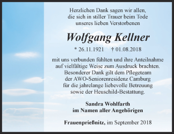 Traueranzeige von Wolfgang Kellner von Ostthüringer Zeitung, Thüringische Landeszeitung