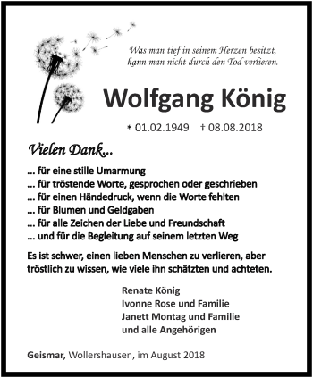 Traueranzeige von Wolfgang König von Thüringer Allgemeine