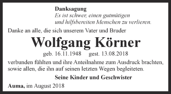 Traueranzeige von Wolfgang Körner von Ostthüringer Zeitung