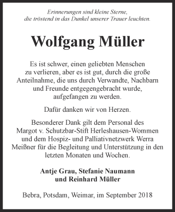 Traueranzeige von Wolfgang Müller von Thüringer Allgemeine, Thüringische Landeszeitung