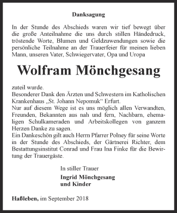 Traueranzeige von Wolfram Mönchgesang von Thüringer Allgemeine, Thüringische Landeszeitung