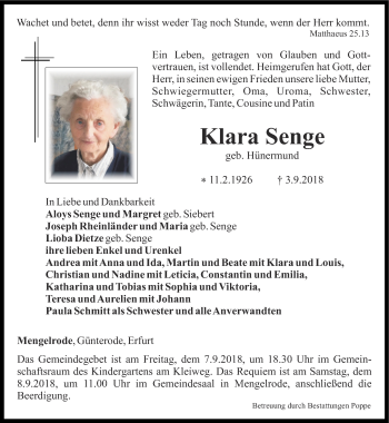 Traueranzeige von Klara Senge von Thüringer Allgemeine, Thüringische Landeszeitung, Ostthüringer Zeitung