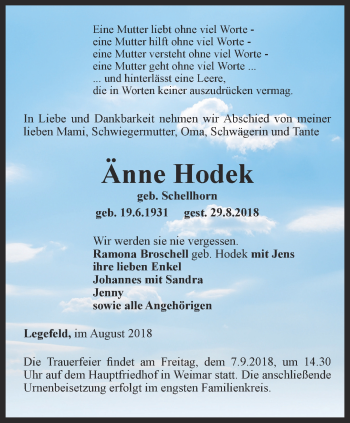 Traueranzeige von Änne Hodek von Thüringer Allgemeine, Thüringische Landeszeitung