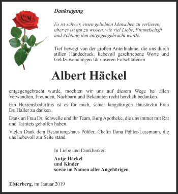 Traueranzeige von Albert Häckel von Ostthüringer Zeitung