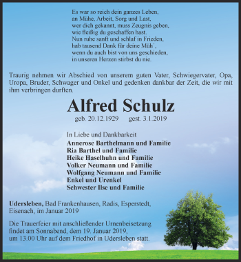 Traueranzeige von Alfred Schulz von Thüringer Allgemeine