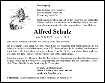 Traueranzeige von Alfred Schulz von Thüringer Allgemeine