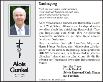 Traueranzeige von Alois Gunkel von Thüringer Allgemeine