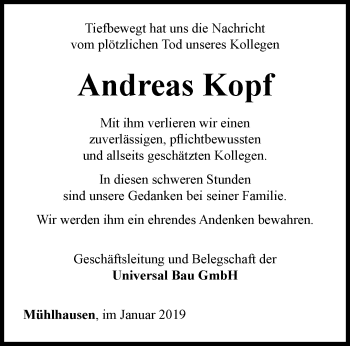Traueranzeige von Andreas Kopf von Thüringer Allgemeine, Thüringische Landeszeitung