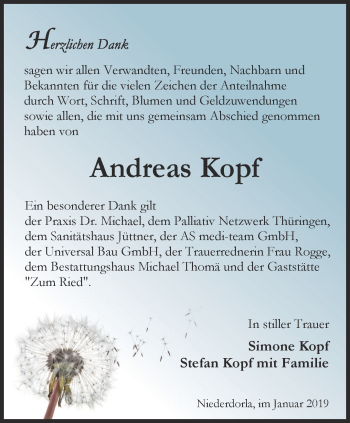 Traueranzeige von Andreas Kopf von Thüringer Allgemeine, Thüringische Landeszeitung