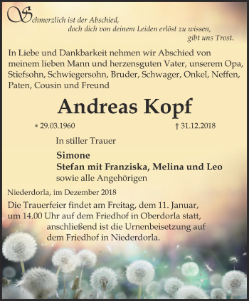 Traueranzeige von Andreas Kopf von Thüringer Allgemeine, Thüringische Landeszeitung
