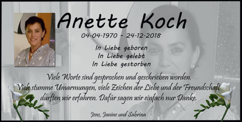  Traueranzeige für Anette Koch vom 12.01.2019 aus Ostthüringer Zeitung