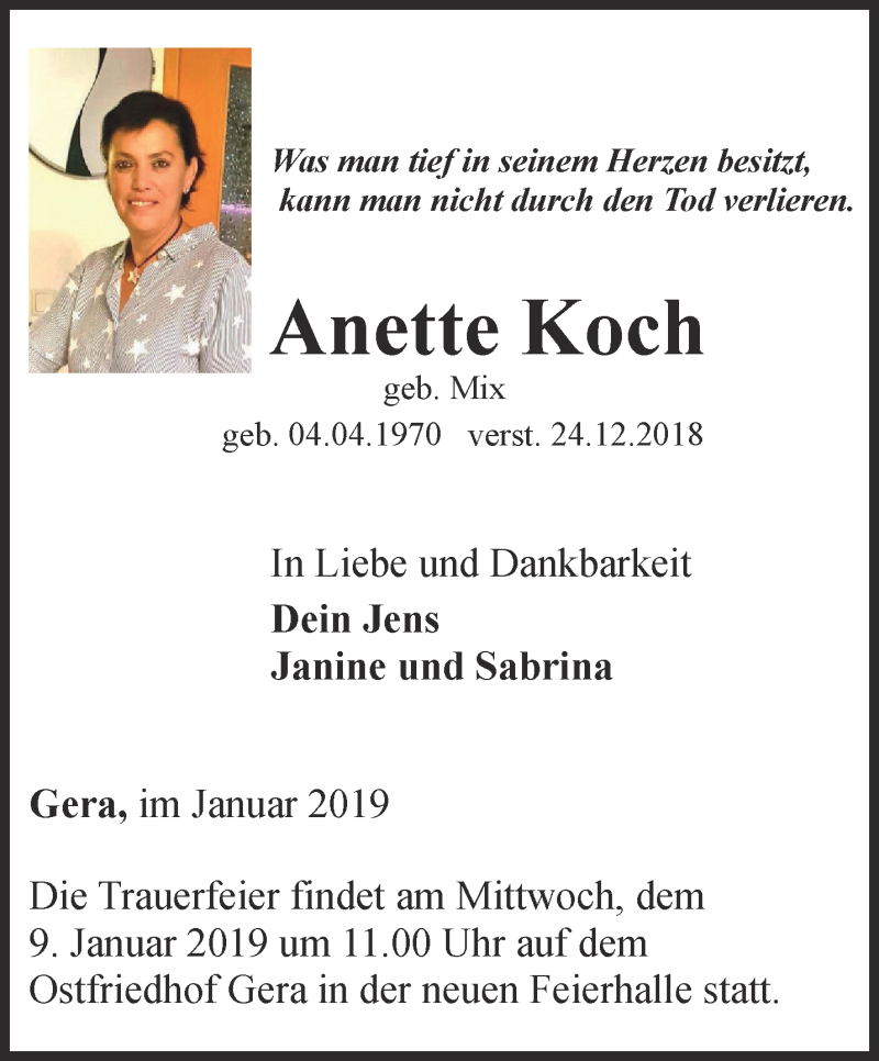  Traueranzeige für Anette Koch vom 05.01.2019 aus Ostthüringer Zeitung