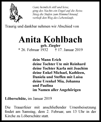 Traueranzeige von Anita Kohlbach von Ostthüringer Zeitung, Thüringische Landeszeitung