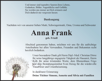 Traueranzeige von Anna Frank