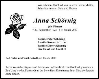 Traueranzeige von Anna Schörnig von Thüringer Allgemeine, Thüringische Landeszeitung