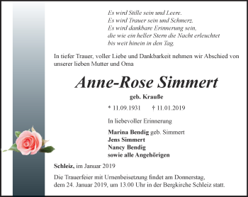 Traueranzeige von Anne-Rose Simmert von Ostthüringer Zeitung