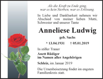 Traueranzeige von Anneliese Ludwig von Ostthüringer Zeitung