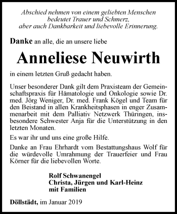 Traueranzeige von Anneliese Neuwirth von Thüringer Allgemeine, Thüringische Landeszeitung