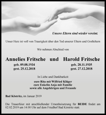 Traueranzeige von Annelies und Harold Fritsche