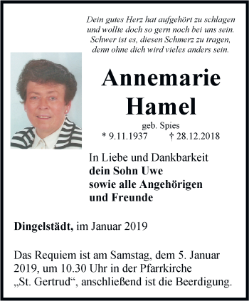 Traueranzeige von Annemarie Hamel von Thüringer Allgemeine