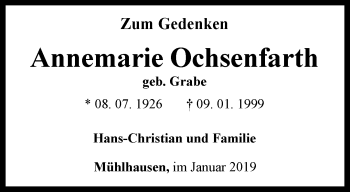 Traueranzeige von Annemarie Ochsenfarth von Thüringer Allgemeine, Thüringische Landeszeitung