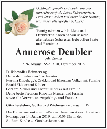 Traueranzeige von Annerose Deubler von Ostthüringer Zeitung, Thüringische Landeszeitung