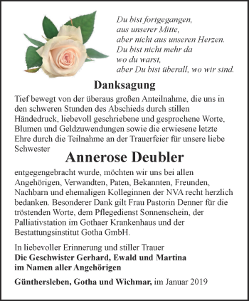 Traueranzeige von Annerose Deubler von Ostthüringer Zeitung, Thüringische Landeszeitung