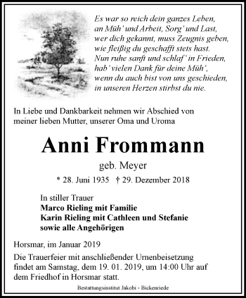 Traueranzeige von Anni Frommann von Thüringer Allgemeine, Thüringische Landeszeitung