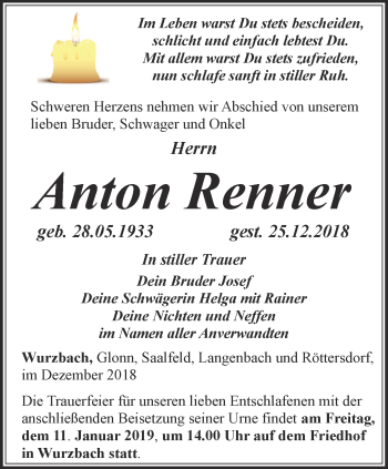 Traueranzeige von Anton Renner von Ostthüringer Zeitung