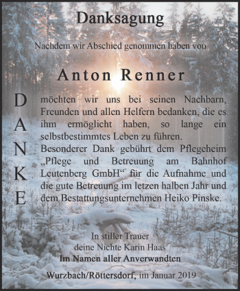 Traueranzeige von Anton Renner von Ostthüringer Zeitung