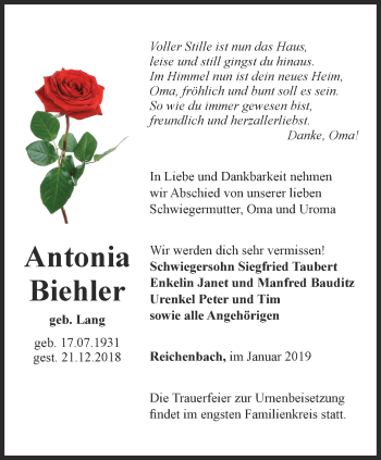 Traueranzeige von Antonia Biehler von Ostthüringer Zeitung