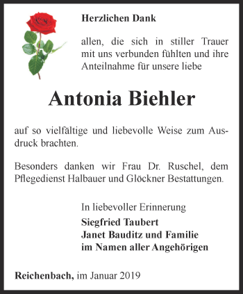 Traueranzeige von Antonia Biehler von Ostthüringer Zeitung