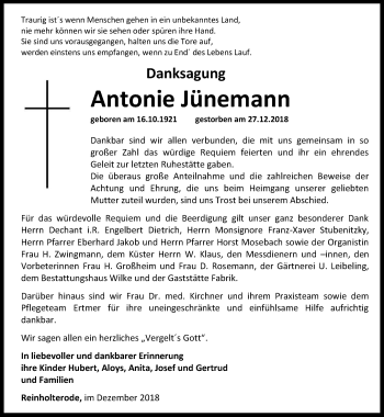 Traueranzeige von Antonie Jünemann von Thüringer Allgemeine