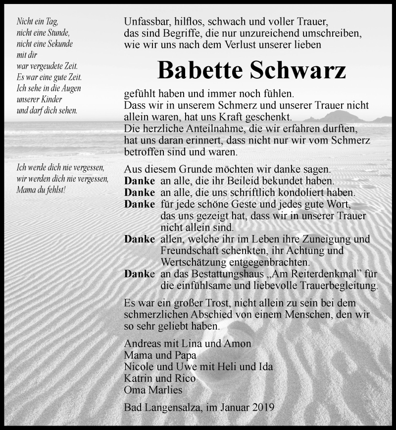  Traueranzeige für Babette Schwarz vom 26.01.2019 aus Thüringer Allgemeine, Thüringische Landeszeitung