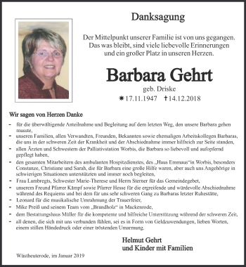 Traueranzeige von Barbara Gehrt von Thüringer Allgemeine