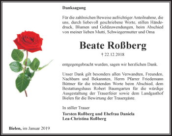 Traueranzeige von Beate Roßberg von Thüringer Allgemeine