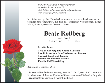 Traueranzeige von Beate Roßberg von Thüringer Allgemeine