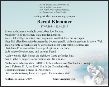 Traueranzeige von Bernd Klemmer von Ostthüringer Zeitung
